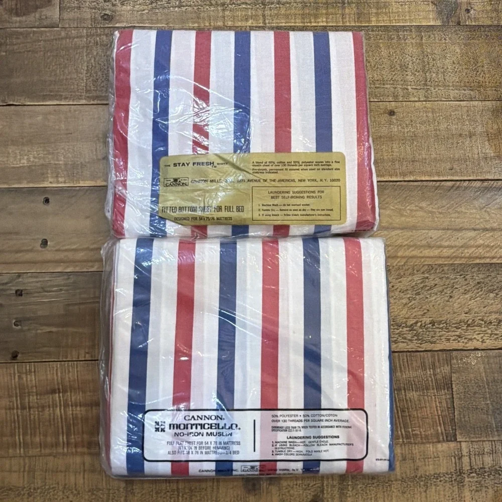 VTG USA 70/80s CANNON MONTICELLO RED WHITE BLUE FULL SZ FITTED & FLAT SHEET SET